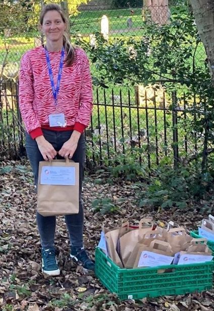 Emma ready to hand out the goody bags